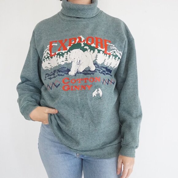 Vintage Cotton Ginny Green Polar Bear Wilderness Puff Print Turtleneck Sweater S - Picture 1 of 11